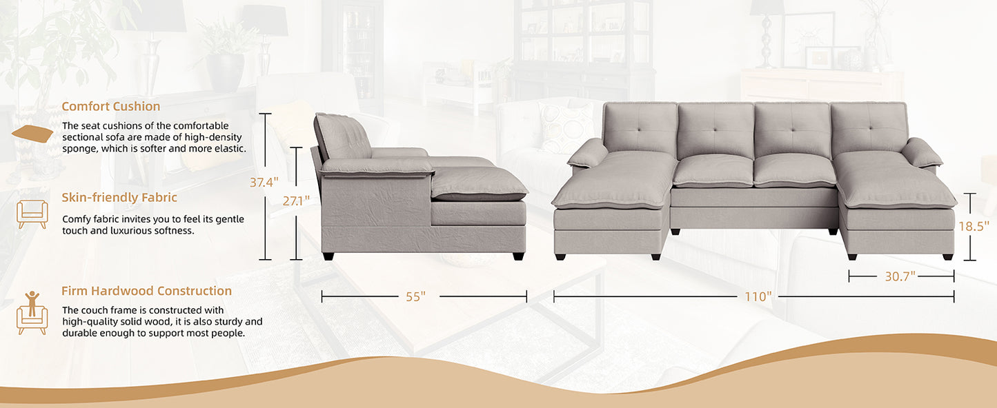 Sectional Couches for Living Room, U-Shaped Couch 4 Seat Sofa Set with Double Chaises, Modern Fabric Modular Sectional Sofa