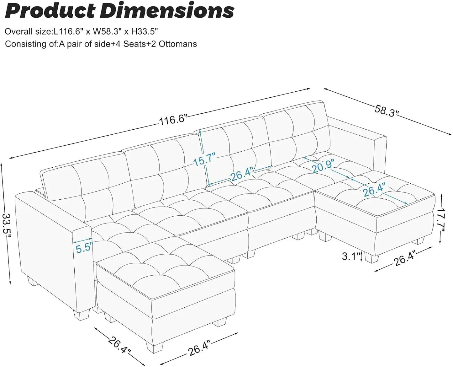 U-Shaped Modular Sectional Sofa, Modular Couch with Storage Seats, 6 Seat Convertible Sofa with Reversible Chaise