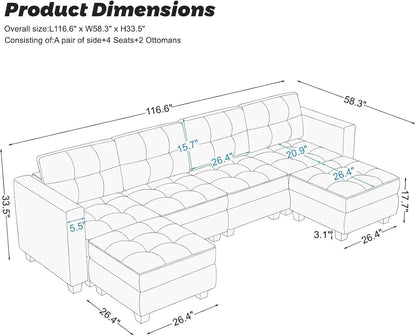 U-Shaped Modular Sectional Sofa, Modular Couch with Storage Seats, 6 Seat Convertible Sofa with Reversible Chaise