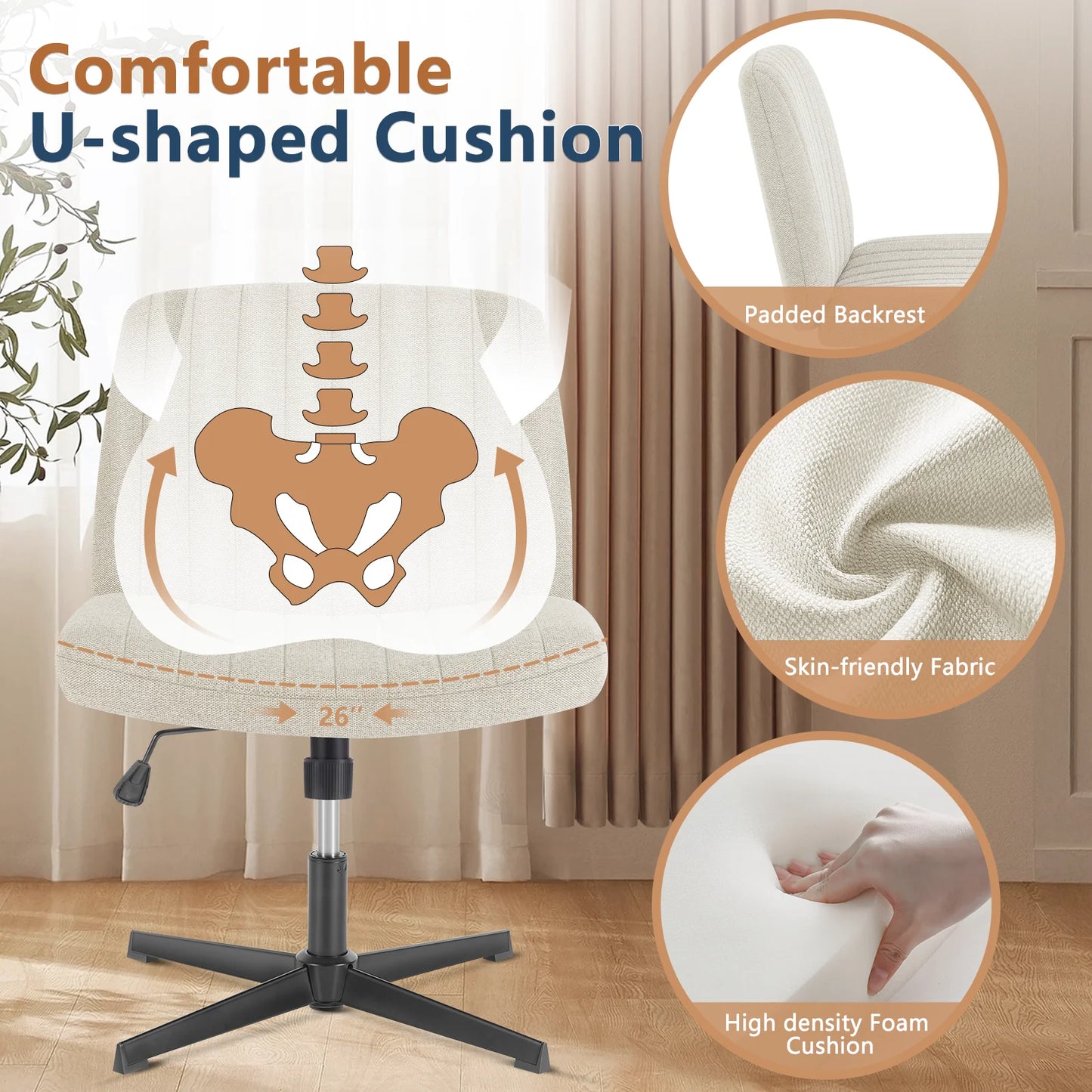 Criss Cross Legged Office Chair Armless Wide Desk Chair, Height Adjustable - Fabric Task Vanity Home Office Computer / cloth Beige