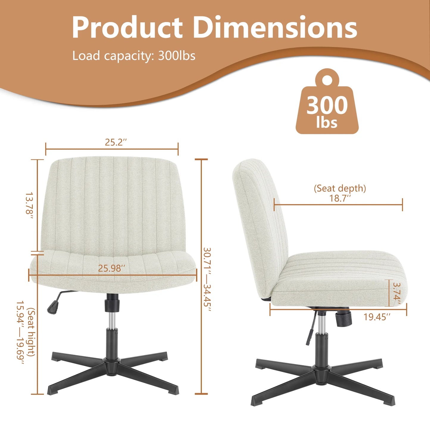 Criss Cross Legged Office Chair Armless Wide Desk Chair, Height Adjustable - Fabric Task Vanity Home Office Computer / cloth Beige