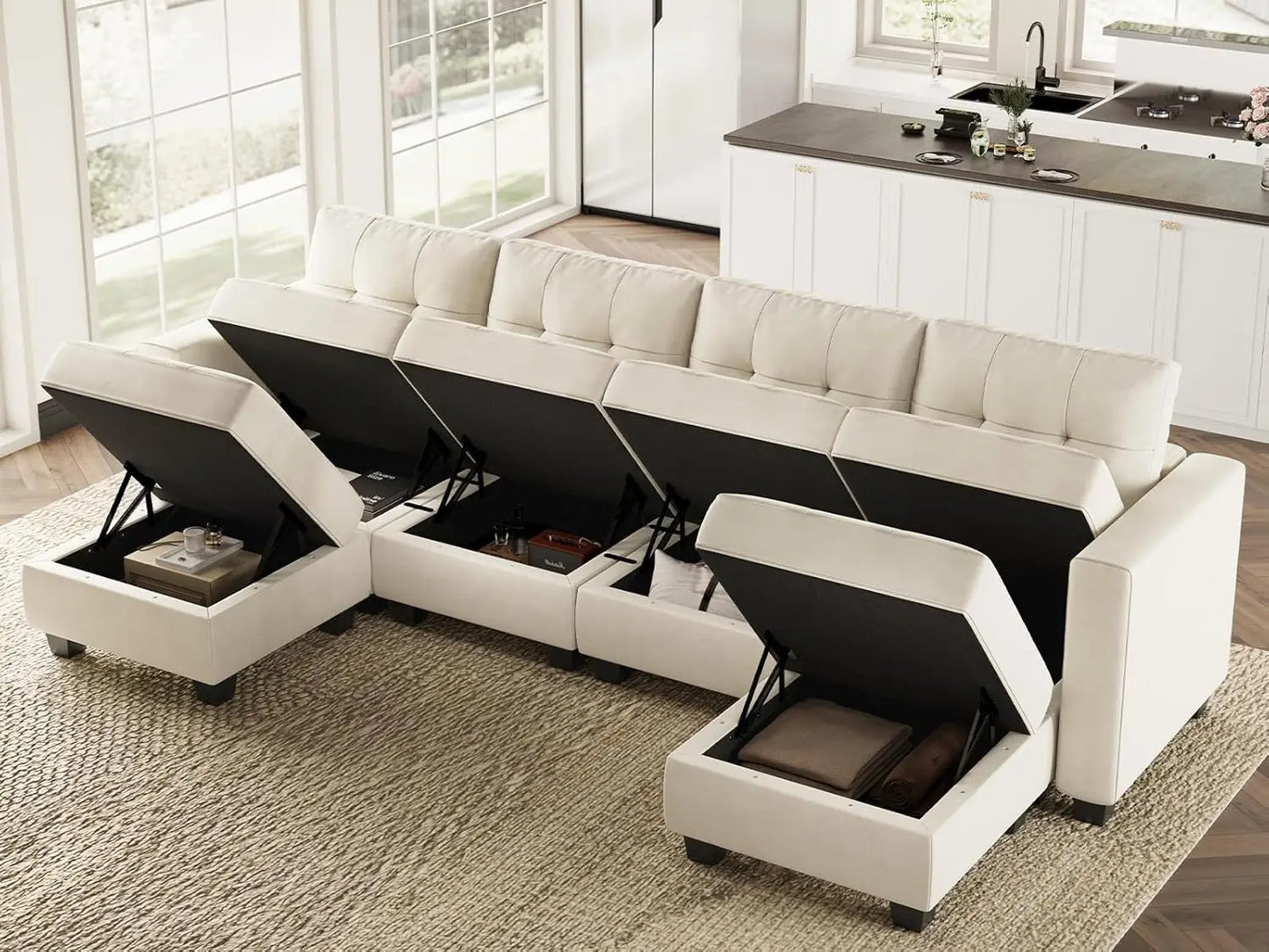 U-Shaped Modular Sectional Sofa, Modular Couch with Storage Seats, 6 Seat Convertible Sofa with Reversible Chaise